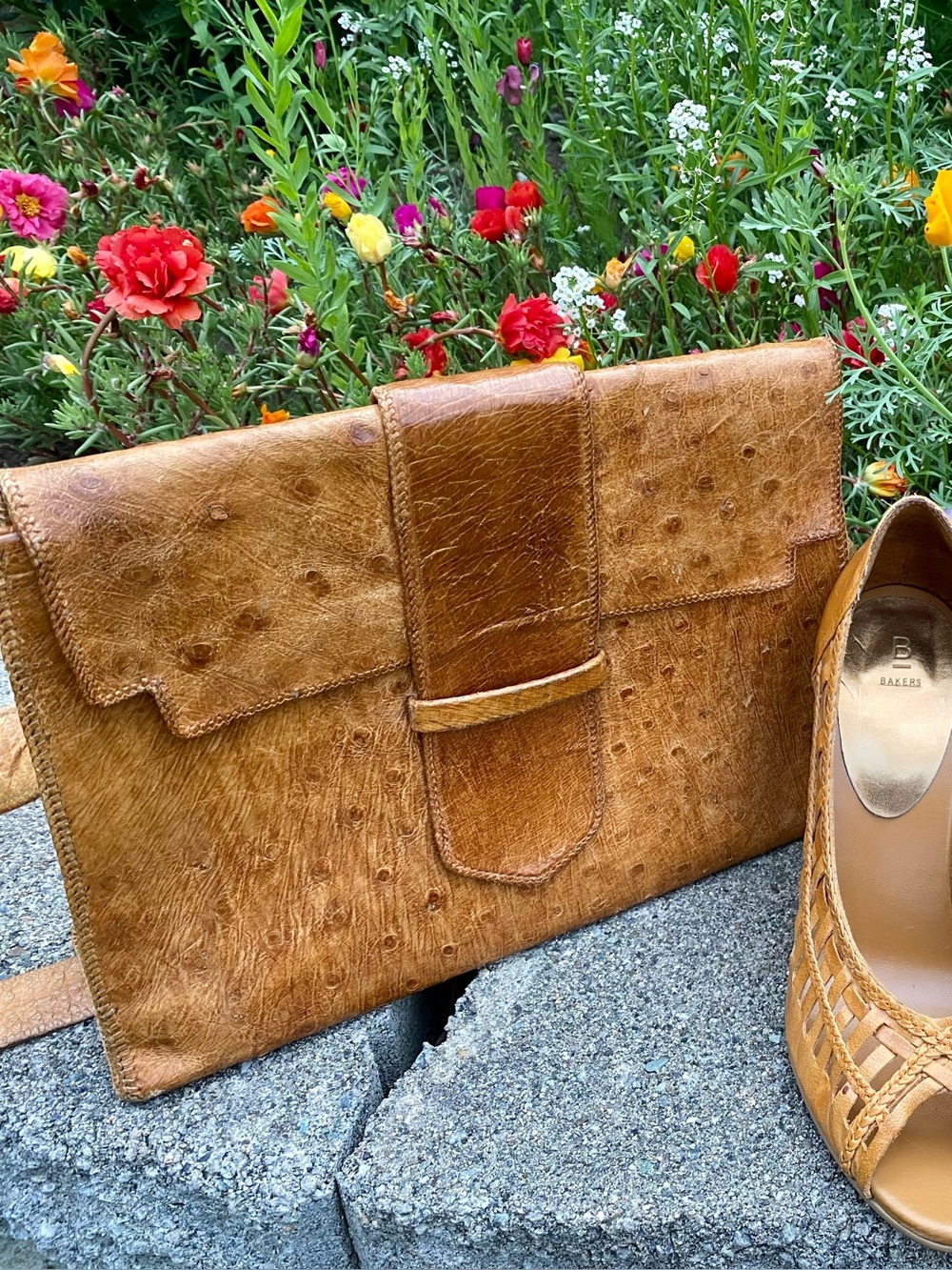 VTG 70s Handmade Pebbled Ostrich Leather Honey Brown Strap Clutch Shoulder Bag